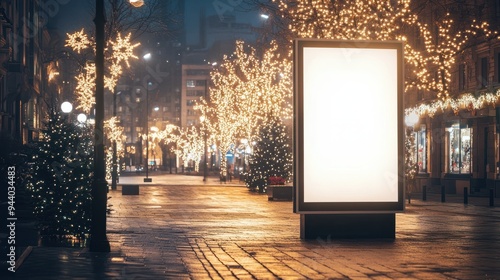 Blank white mock up vertical billboard street poster on a Christmas illumination city background : Generative AI