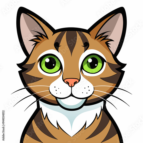 Cartoon Illustration of a Tabby Cat with Green Eyes