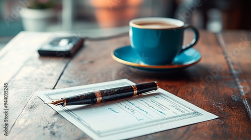 Bank check on a desk with a fancy fountain pen and a coffee in a blue mug 