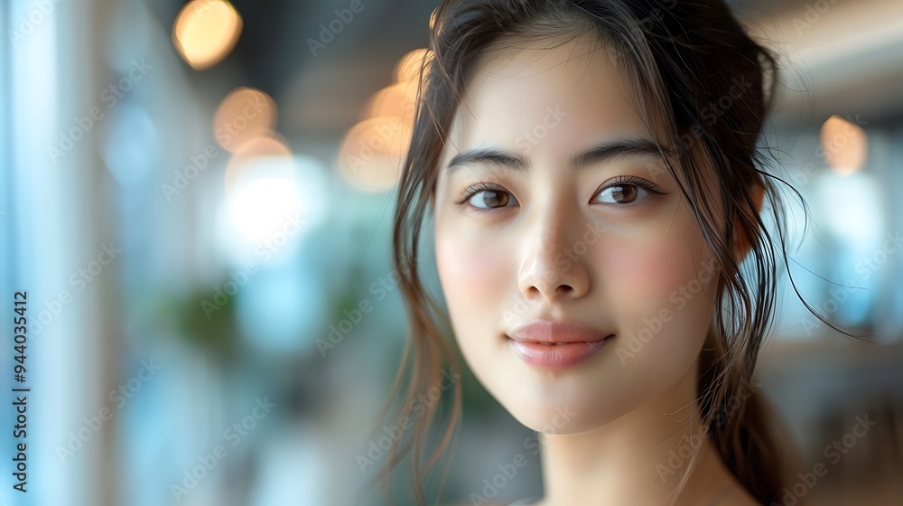 Close-up of a Japanese skincare model showing off youthful skin, in a modern office space, soft lighting, serene expression, hd quality, natural look, minimalist decor, vibrant and fresh, Close-up of a Japanese skincare model showing off youthful skin, in a modern office space, soft lighting, serene expression, hd quality, natural look, minimalist decor, vibrant and fresh,