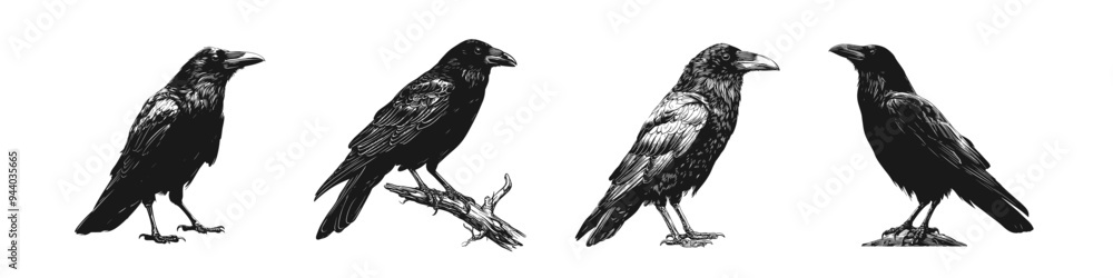Fototapeta premium Raven black silhouette vector illustration isolated on white background Crow Flat Logo Icon Clipart set