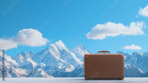 A travel concept image featuring a suitcase in the foreground with majestic mountains in the background, symbolizing adventure and exploration