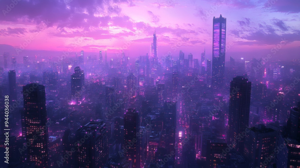 Fototapeta premium Futuristic Neon Cityscape at Dusk