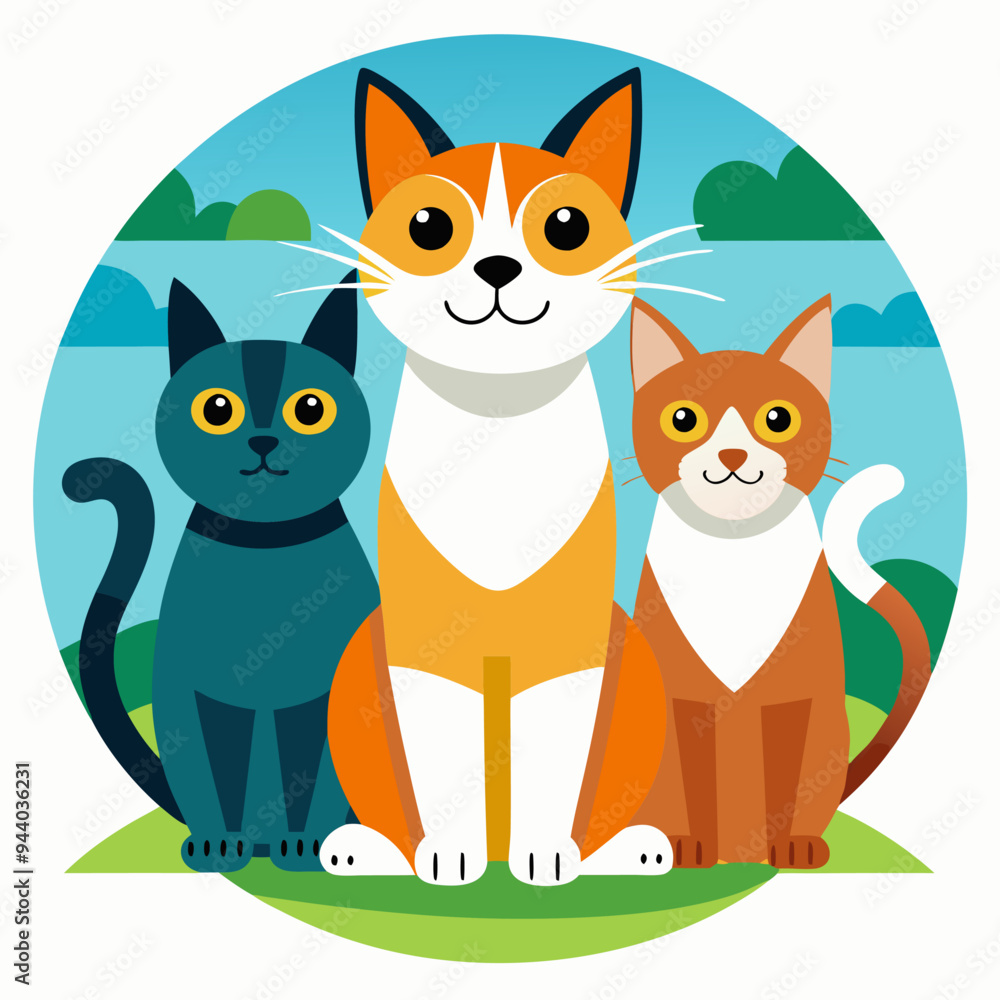 Obraz premium Three Friendly Cats Sitting Together in a Circular Landscape