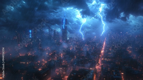 Aerial View of Cityscape with Dramatic Lightning and Storm