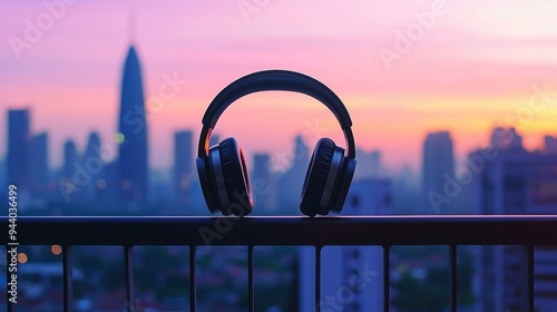 Close-up of headphones on a balcony railing with a glowing cityscape in the background, capturing the essence of lo-fi music