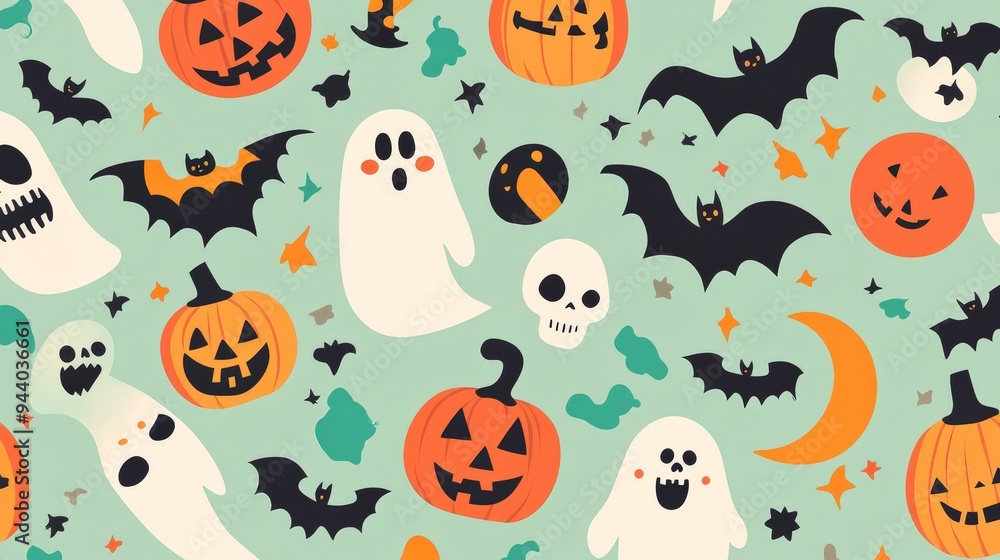 A playful Halloween-themed pattern featuring ghosts, bats, pumpkins, and stars. A playful Halloween-themed pattern featuring ghosts, bats, pumpkins, and stars.