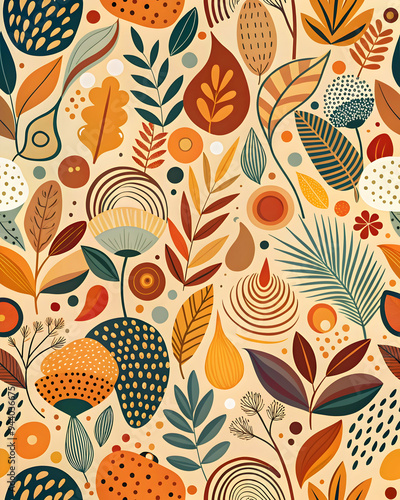 Autumnal Floral Pattern: A vibrant and playful seamless pattern featuring abstract floral motifs in warm, earthy tones, perfect for textile designs, wallpaper, and branding. 