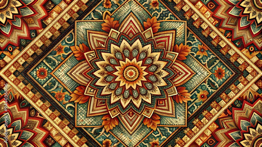 Geometric Tapestry: A mesmerizing mosaic of vibrant colors and intricate patterns, this intricate artwork evokes a sense of cultural richness and artistic depth Geometric Tapestry: A mesmerizing mosaic of vibrant colors and intricate patterns, this intricate artwork evokes a sense of cultural richness and artistic depth