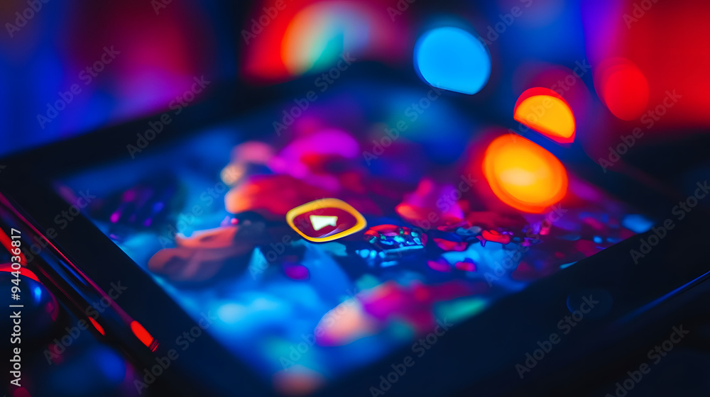 Vibrant digital tablet screen showcasing colorful game announcement trailer, play button visible, Vibrant digital tablet screen showcasing colorful game announcement trailer, play button visible,