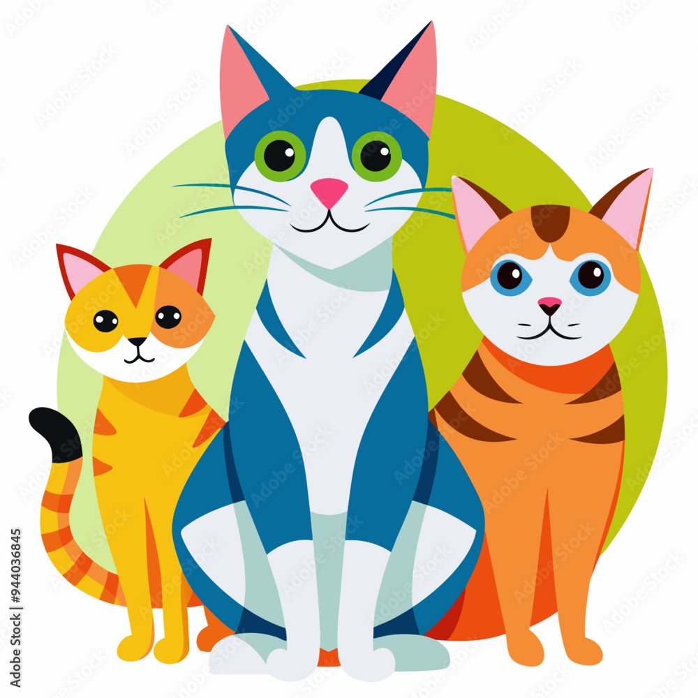 Three Cartoon Cats Sitting Together on a Green Circle Three Cartoon Cats Sitting Together on a Green Circle
