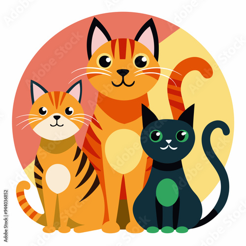 Three Cats Sitting Together in a Circular Frame