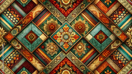 Geometric Tapestry: A mesmerizing mosaic of vibrant colors and intricate patterns, this intricate artwork evokes a sense of cultural richness and artistic depth, showcasing a captivating blend of geo