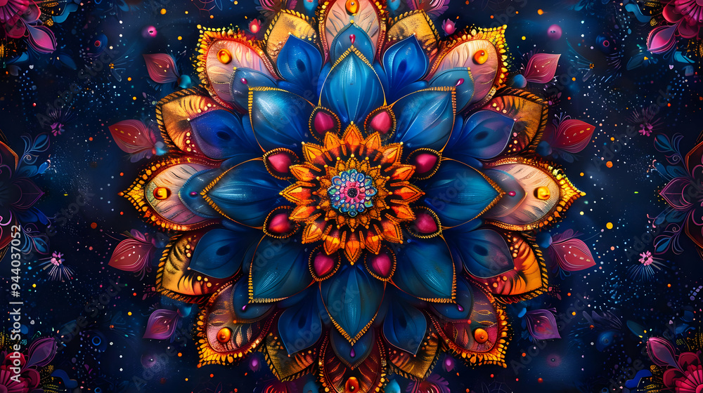 Abstract Mandala Illustration with Colorful Petals and a Dark Blue Background Abstract Mandala Illustration with Colorful Petals and a Dark Blue Background