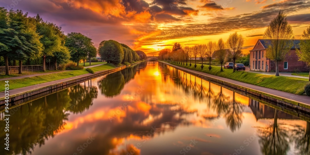 Fototapeta premium Golden Hour Reflections A Serene Sunset Over a Canal, Captured with a Wide-Angle Lens, showcasing the vibrant colors of the sky