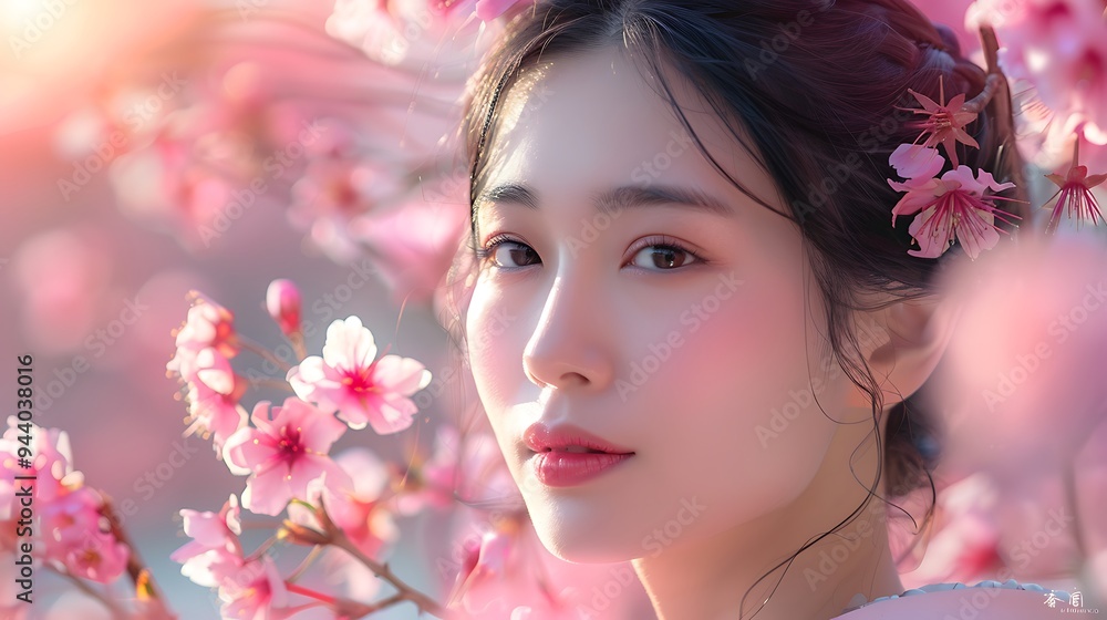 Japanese model at a cherry blossom festival, using skincare products, surrounded by blooming sakura, gentle sunlight, calm and relaxed expression, hd quality, natural look, traditional attire, Japanese model at a cherry blossom festival, using skincare products, surrounded by blooming sakura, gentle sunlight, calm and relaxed expression, hd quality, natural look, traditional attire,