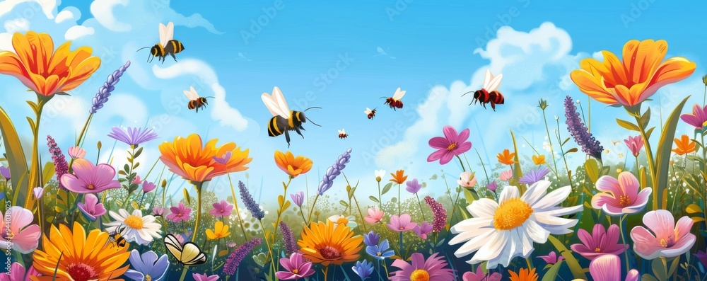 Blossoming Beauty: Bees Amidst Colorful Flowers Blossoming Beauty: Bees Amidst Colorful Flowers