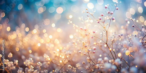 Enchanted Meadow: A dreamy and ethereal landscape unfolds, where delicate white wildflowers sway gently in the warm glow of a golden sunset, their petals catching the light like sparkling diamonds. 