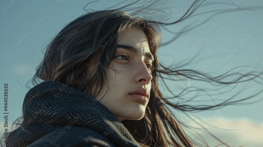 Fototapeta premium A young woman with long hair, gazing thoughtfully into the distance, captured against a cloudy sky background
