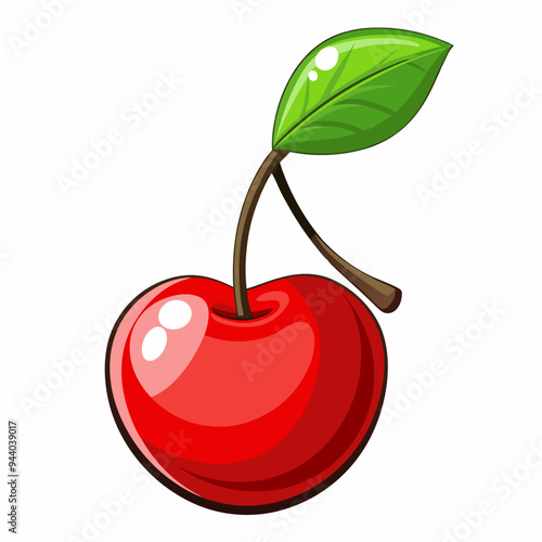 A Single Red Cherry with a Green Leaf