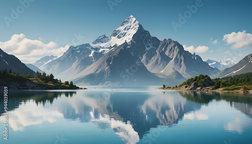 Mountain background with clear water in foreground. Generative AI