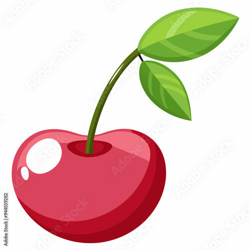 A single red cherry with a green stem and leaves