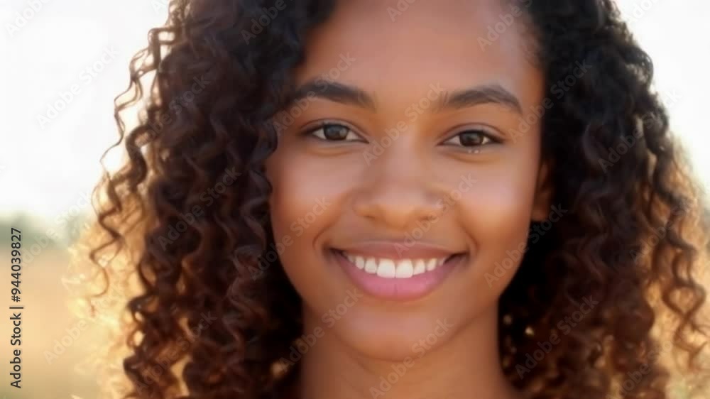 A close up portrait of a young girl with curly hair, smiling in natural sunlight, conveying joy and warmth in a serene outdoor setting