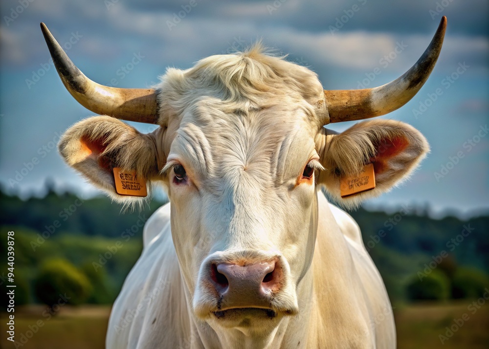 Naklejka premium Close-up of a majestic white bull's head showcasing strong facial features, distinctive ears, and a powerful build, conveying rural farm or countryside surroundings.