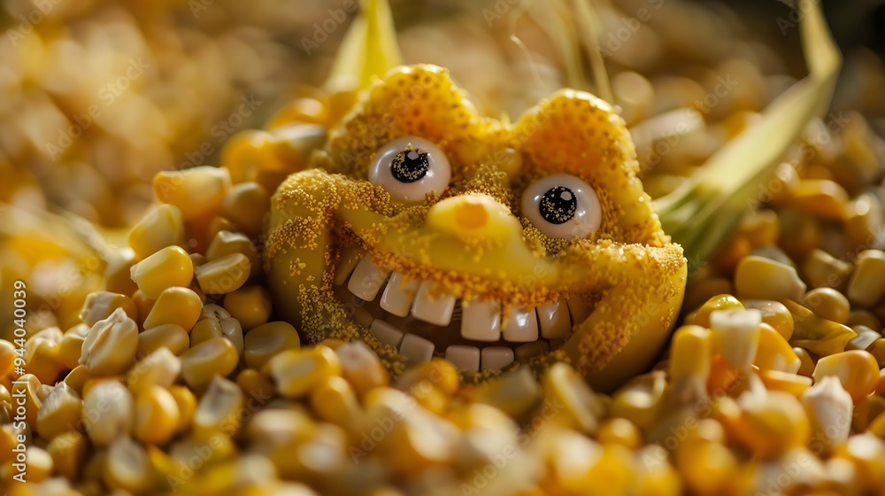 Fototapeta premium An eager popped corn seed is depicted in the smiley