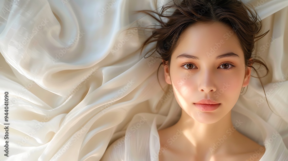 Japanese model in front of a flowing silk fabric backdrop, showcasing smooth skin, soft natural light, serene and peaceful expression, hd quality, natural look, elegant and refined, Japanese model in front of a flowing silk fabric backdrop, showcasing smooth skin, soft natural light, serene and peaceful expression, hd quality, natural look, elegant and refined,