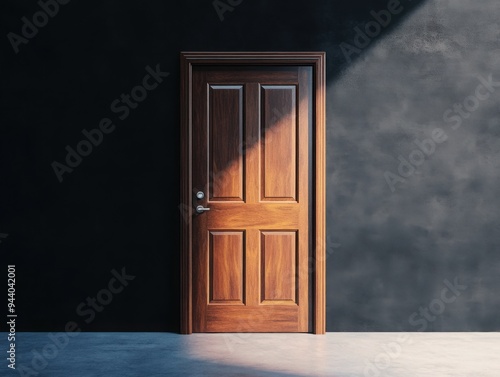 Closed door with light peeking through cracks, 3D illustration