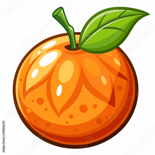 Cartoon Illustration of a Single Orange with a Green Leaf