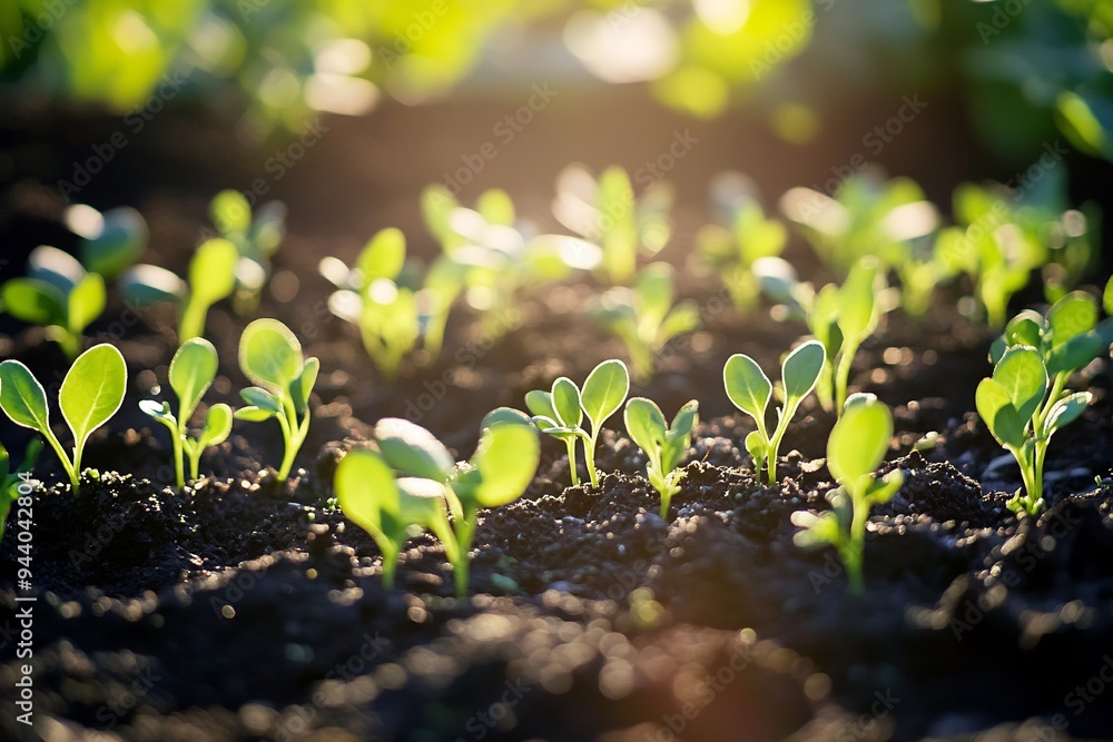 young sprouts growing in the ground, with sunlight shining on them young sprouts growing in the ground, with sunlight shining on them