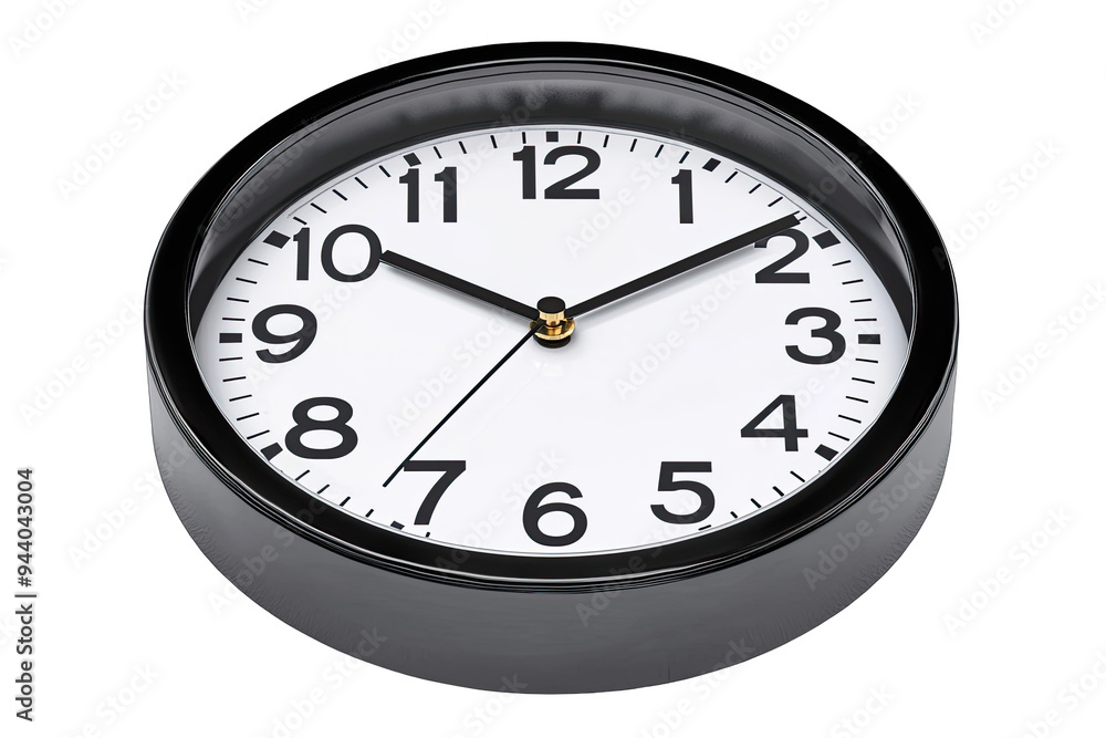 Simple black wall clock showing time with clear white face. Ideal for home, office, or study decor. Classic and functional design.