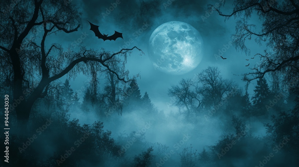 A spooky forest at night with a full moon and bats flying overhead. A spooky forest at night with a full moon and bats flying overhead.