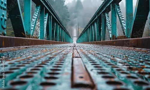 A Rusty Bridge Leading Through Foggy Forest photo