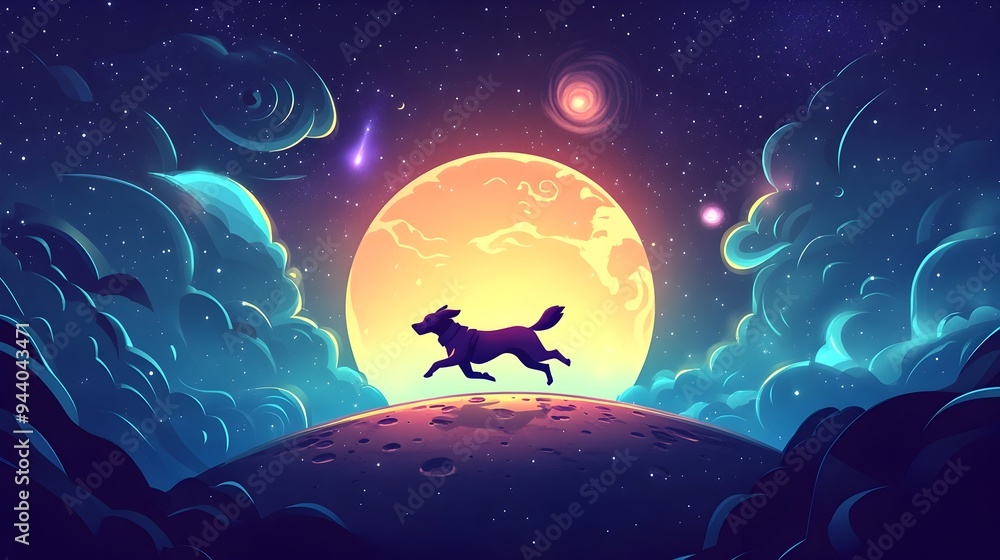 Dog Silhouette Running Across Glowing Cosmic Moon on Surreal Nightscape Dog Silhouette Running Across Glowing Cosmic Moon on Surreal Nightscape