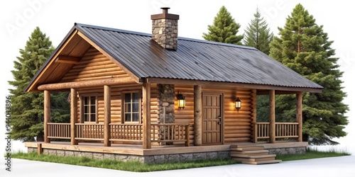 Log Cabin Retreat - 3D Rendering, Wooden Cabin with Stone Chimney, Surrounded by Lush Green Pine Trees photo