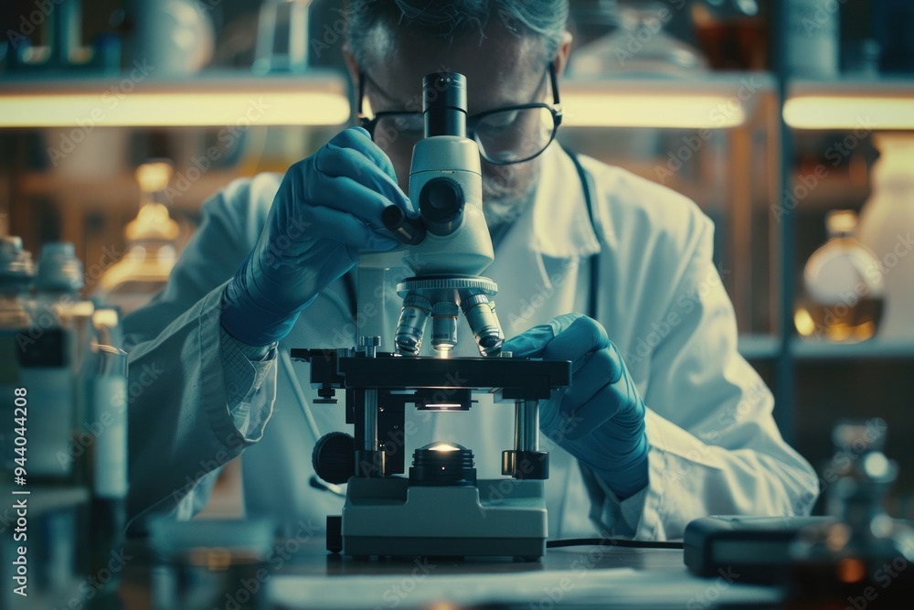 A man in a lab coat is looking through a microscope