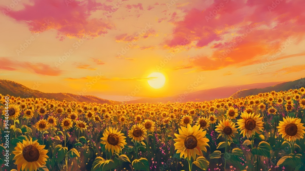 Obraz premium Sunflower field glowing at sunset