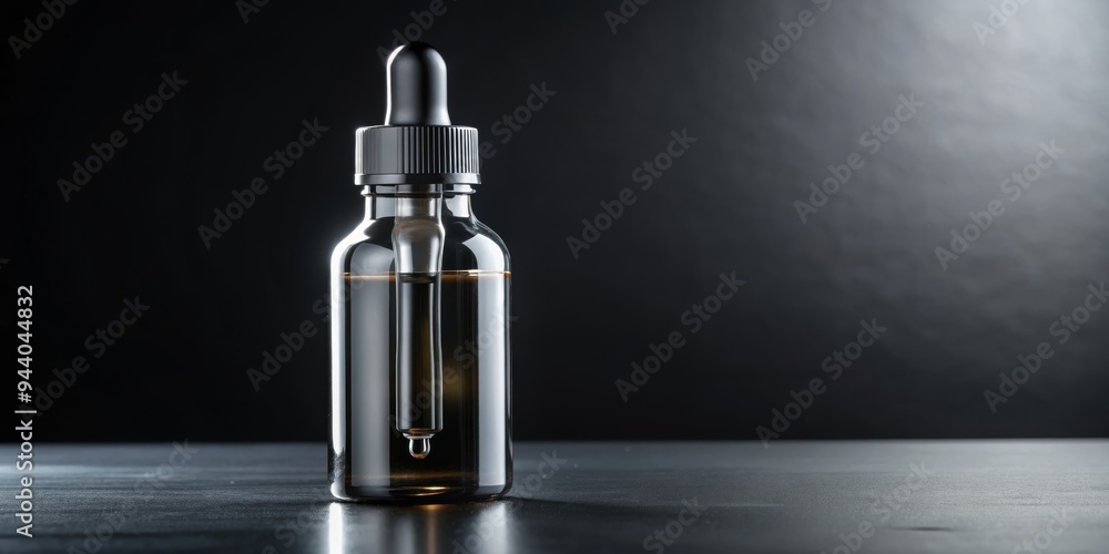Minimalist Glass Dropper Bottle on Black Background - A Single Drop of Essence in Focus Minimalist Glass Dropper Bottle on Black Background - A Single Drop of Essence in Focus