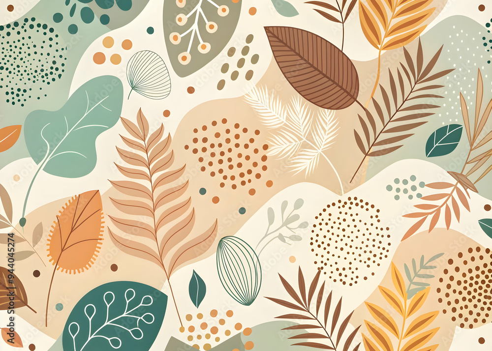 Bohemian Botanical Abstract: A whimsical blend of nature and abstract forms, featuring delicate leaves, berries, and organic shapes in earthy tones of beige, green, and brown, Bohemian Botanical Abstract: A whimsical blend of nature and abstract forms, featuring delicate leaves, berries, and organic shapes in earthy tones of beige, green, and brown,