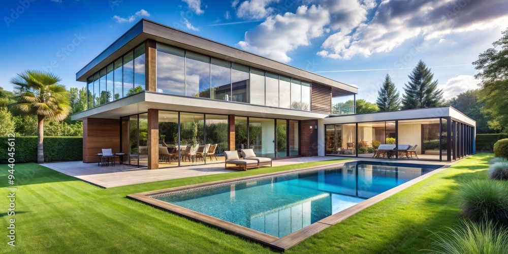 Modern Glass House with Pool and Lush Greenery - Wide Shot, Photo Modern Glass House with Pool and Lush Greenery - Wide Shot, Photo