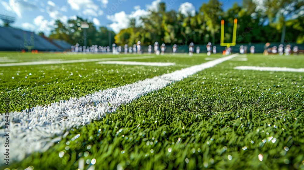 Football Field: Close-up of the white yard lines and hash marks on a green American football field, with players in the background. Football Field: Close-up of the white yard lines and hash marks on a green American football field, with players in the background.