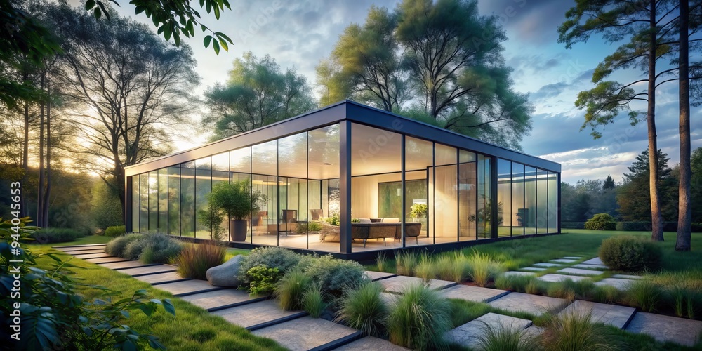 Modern Glass House with Stone Pathway and Lush Greenery - 3D Render Modern Glass House with Stone Pathway and Lush Greenery - 3D Render