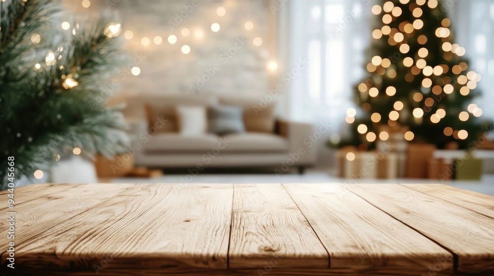 empty woooden table top with abstract warm living room decor with christmas tree string light blur background with snow holiday backdrop mock up banner for display of advertise product empty woooden table top with abstract warm living room decor with christmas tree string light blur background with snow holiday backdrop mock up banner for display of advertise product