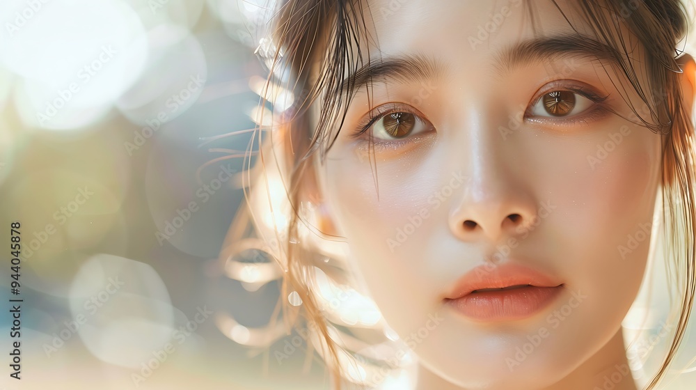 Japanese model’s glowing skin in close-up, highlighted by natural sunlight, smooth and clear texture, serene and tranquil expression, hd quality, natural look, minimalist background, Japanese model’s glowing skin in close-up, highlighted by natural sunlight, smooth and clear texture, serene and tranquil expression, hd quality, natural look, minimalist background,
