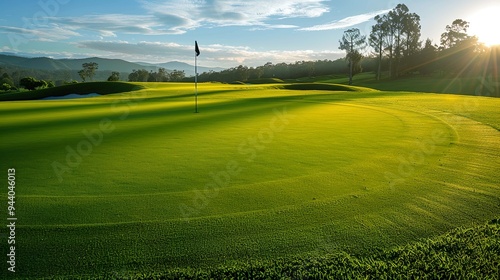 Golf: A golfer lining up a putt on a beautifully manicured green, with the flagstick and gentle rolling hills of the course in the background.