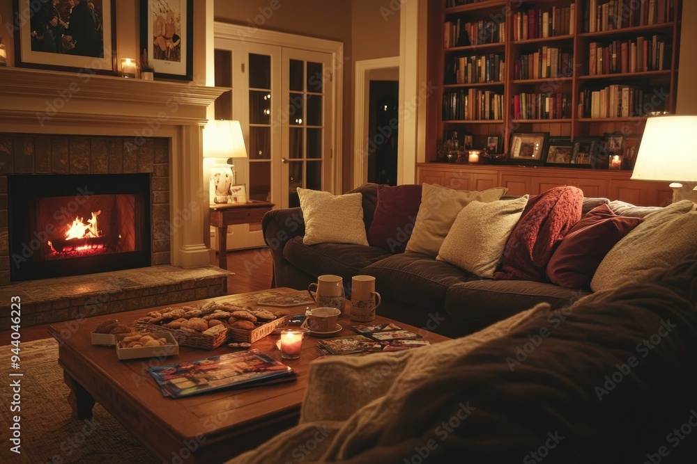 Fototapeta premium Cozy Living Room with a Fireplace and a Couch