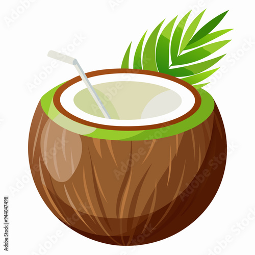 A Half Coconut with Milk and a Straw Decorated with a Green Palm Leaf